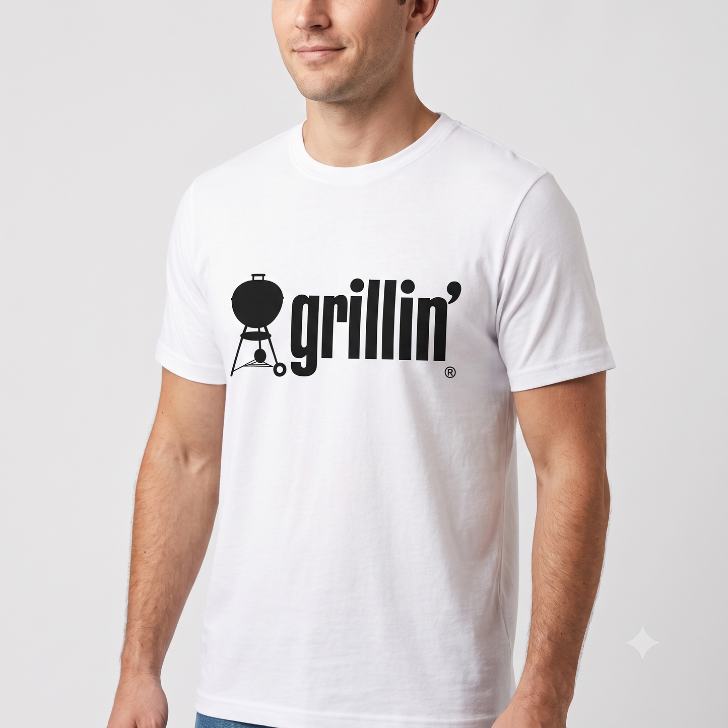 Grillin' (Weber) tee in white, front view on male model