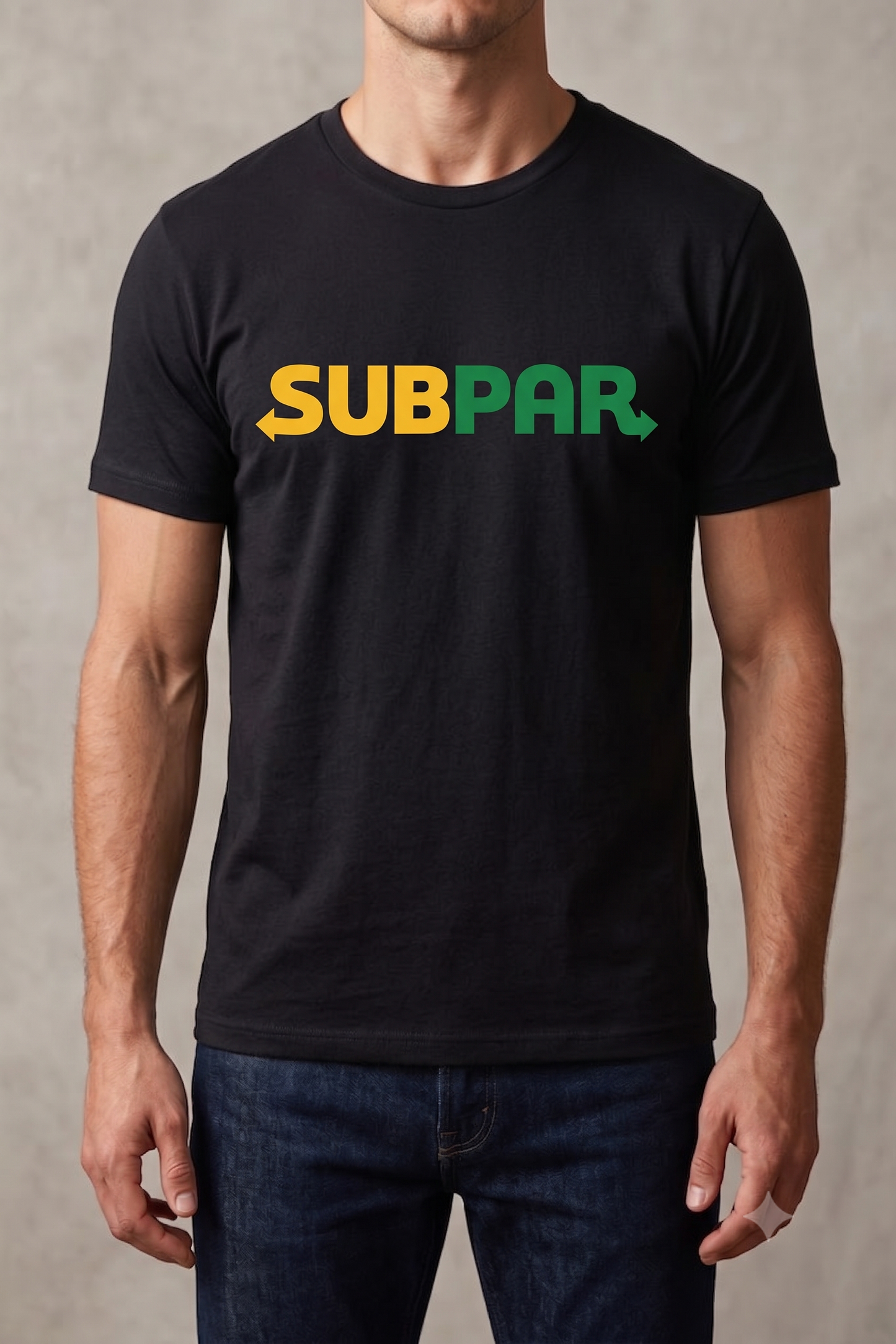 Subpar (Subway) tee in black, front view on male model