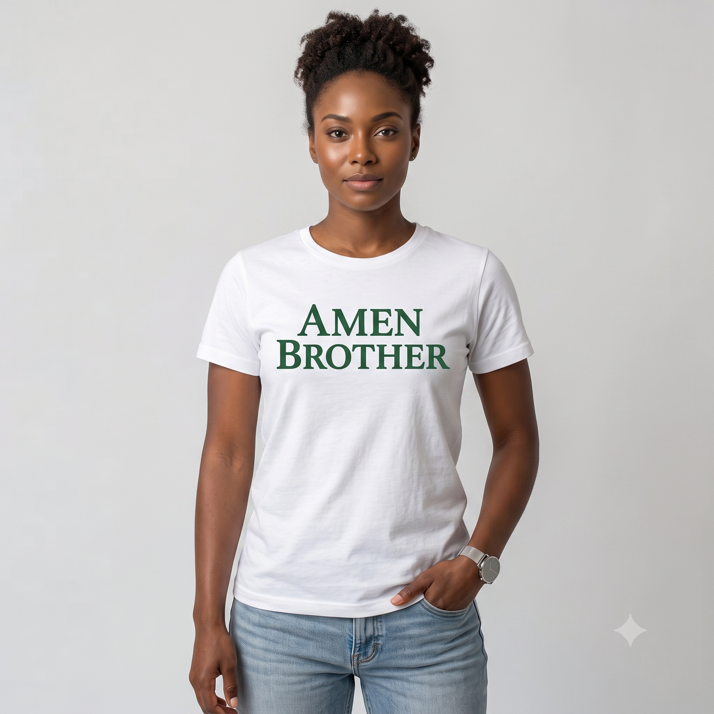 Amen Brother tee in white, front view on female model (alternate)