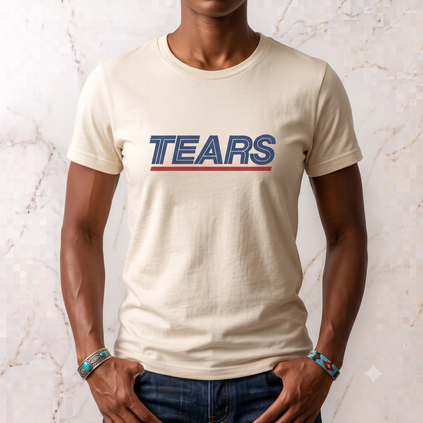 Tears for Sears tee in cream, front view on male model (alternate)
