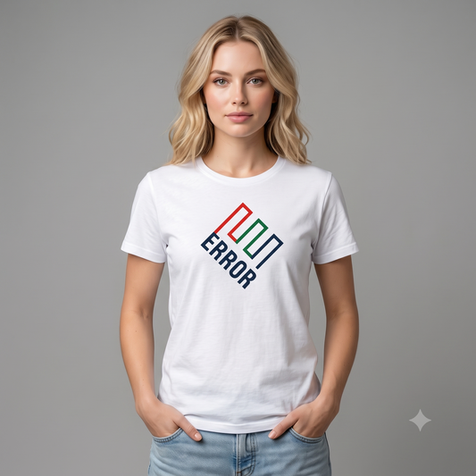 ERROR (Enron) tee in white, front view on female model