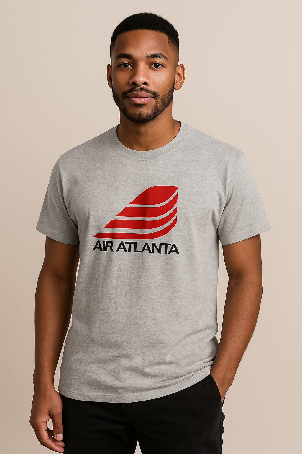 Air Atlanta tee in heather grey, front view on male model