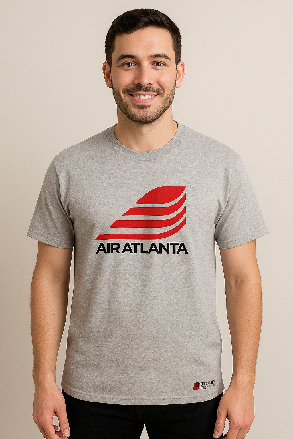 Air Atlanta tee in heather grey, front view on male model