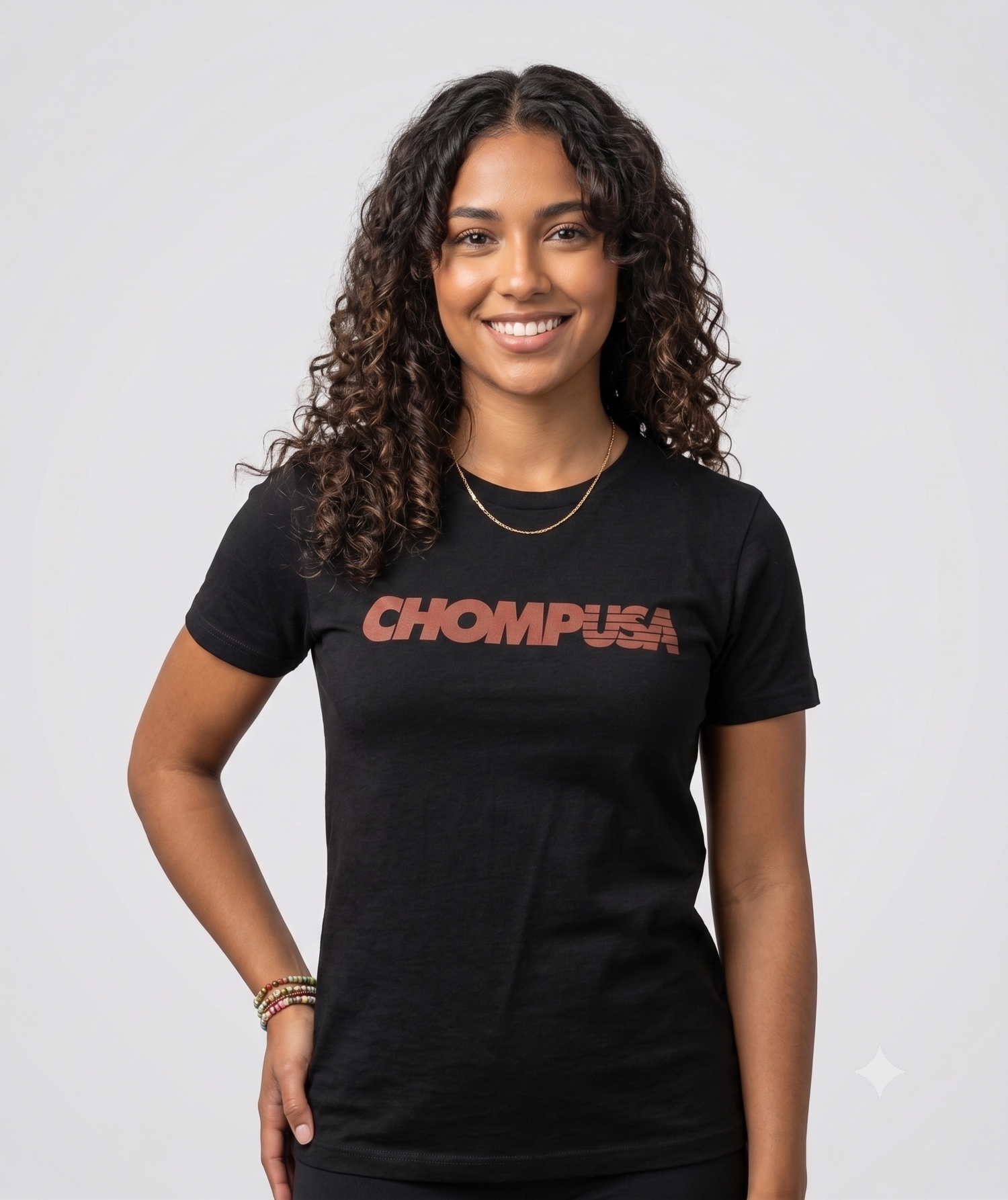 ChompUSA tee in black, front view on female model