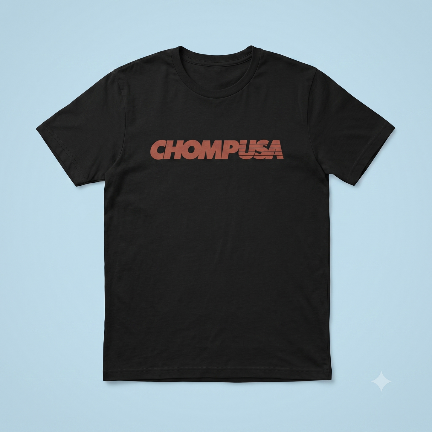 ChompUSA tee in black, flat lay