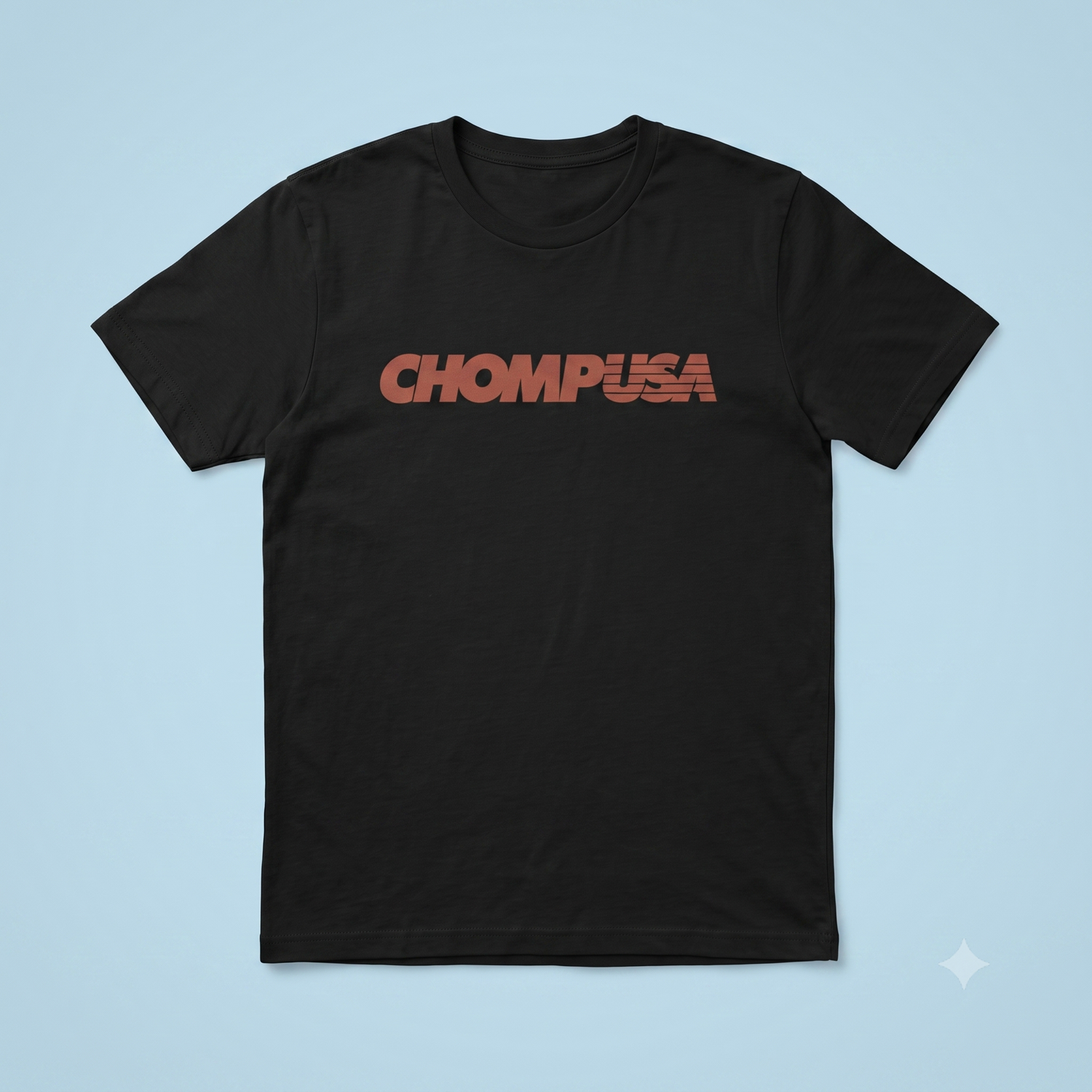 ChompUSA tee in black, flat lay