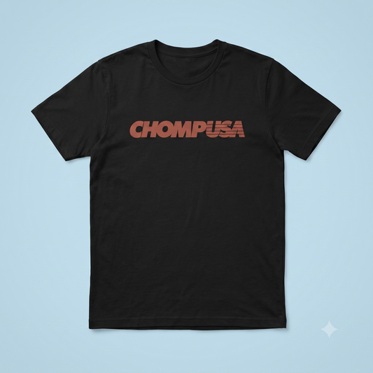 ChompUSA tee in black, flat lay