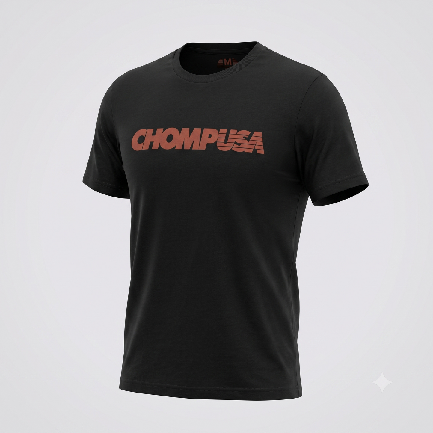 ChompUSA tee in black, ghost mannequin view