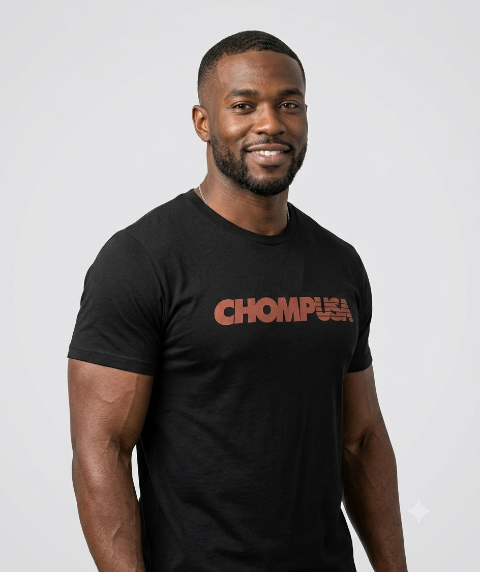 ChompUSA tee in black, front view on male model
