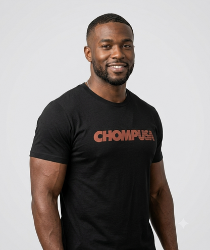 ChompUSA tee in black, front view on male model