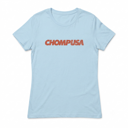 ChompUSA tee in light blue, flat lay