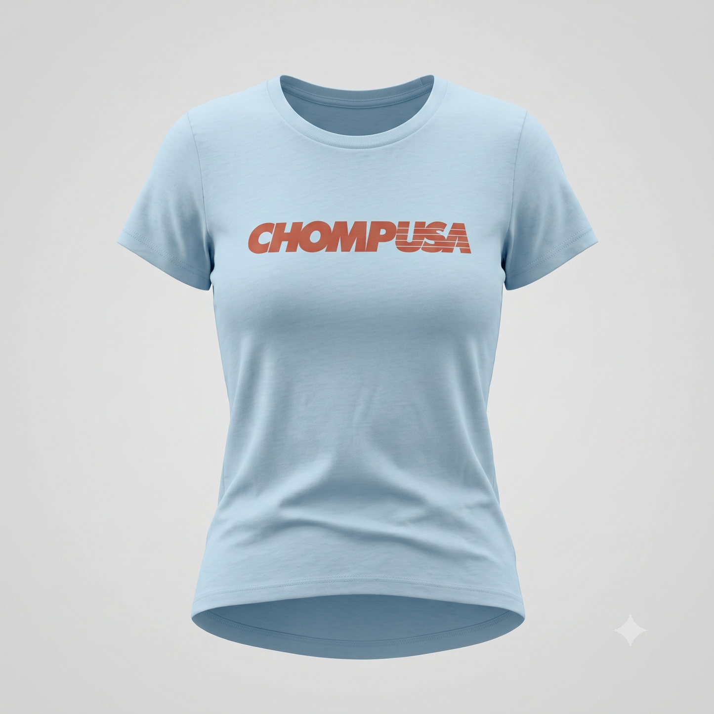 ChompUSA tee in light blue, ghost mannequin view