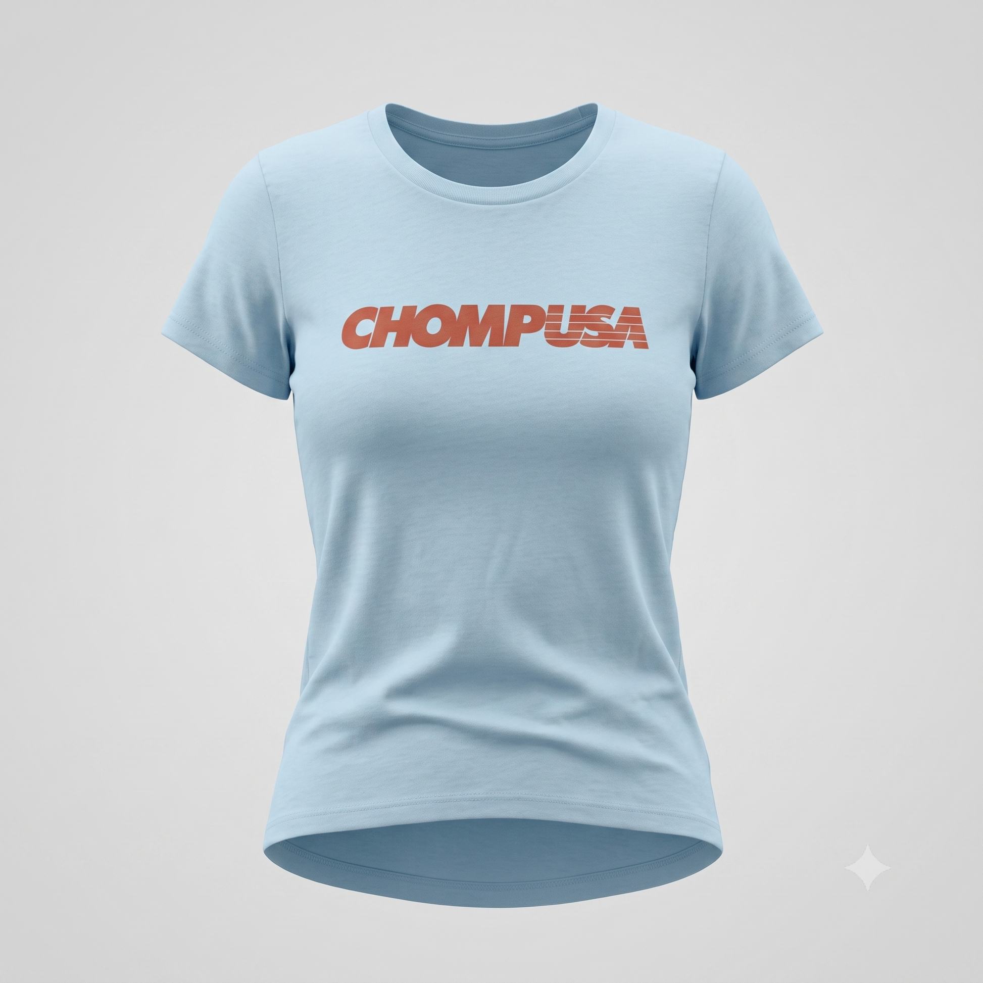 ChompUSA tee in light blue, ghost mannequin view