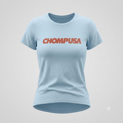 ChompUSA tee in light blue, ghost mannequin view