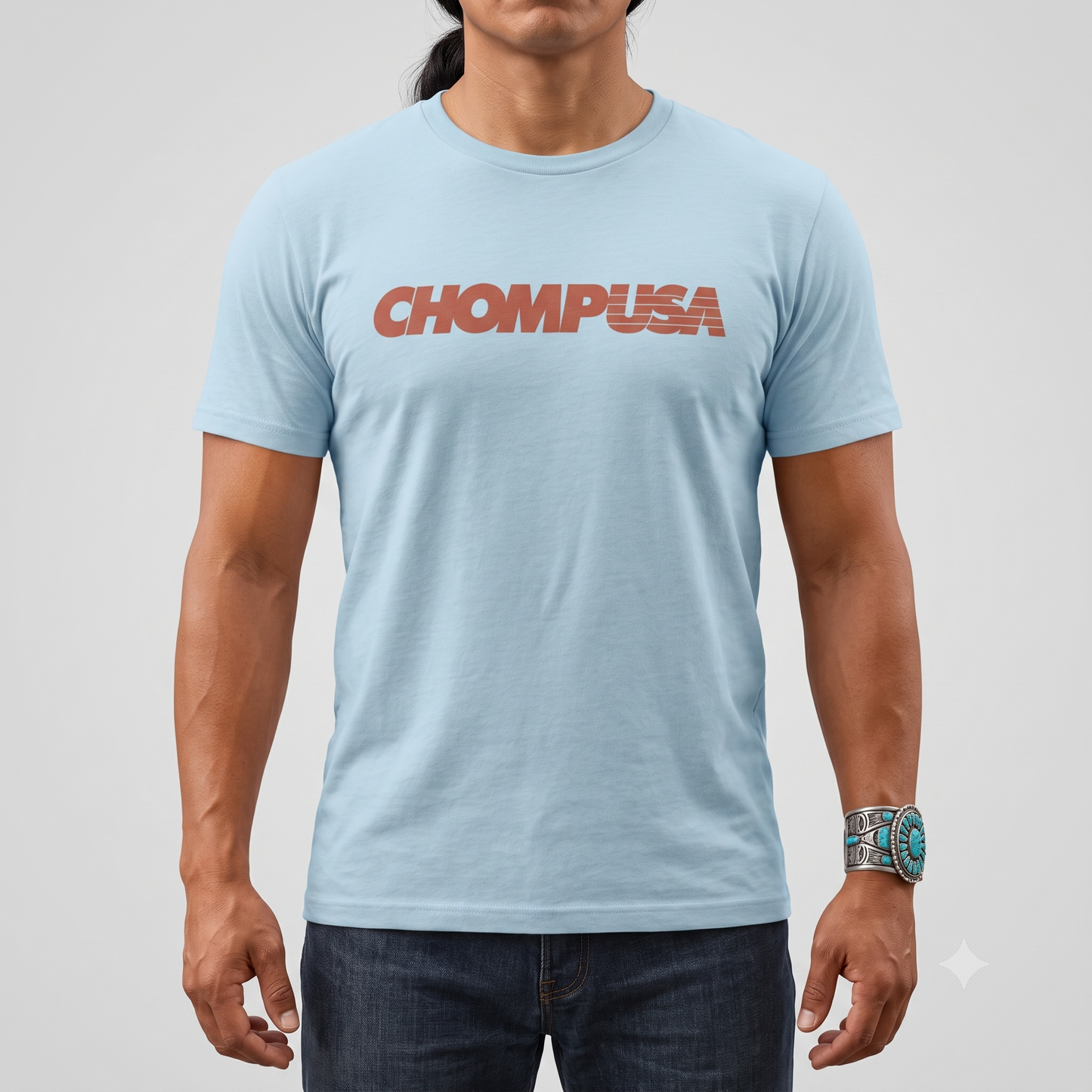 ChompUSA tee in light blue, front view on male model