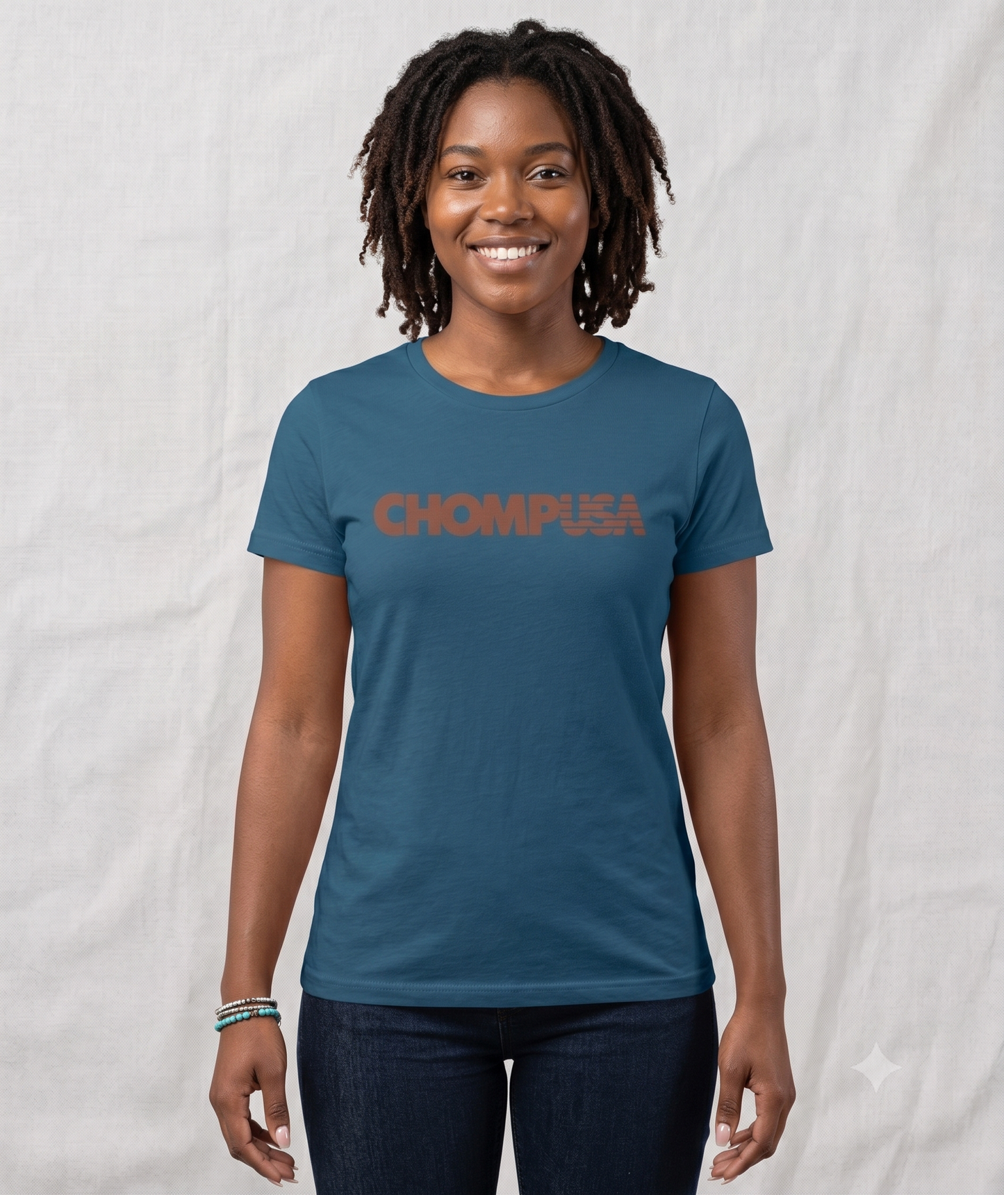 ChompUSA tee in steel blue, front view on female model