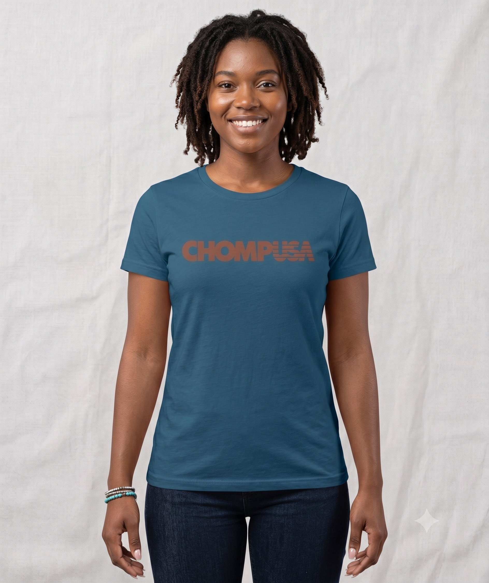 ChompUSA tee in steel blue, front view on female model