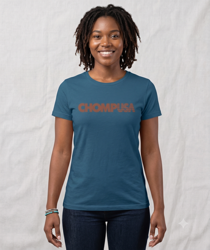 ChompUSA tee in steel blue, front view on female model
