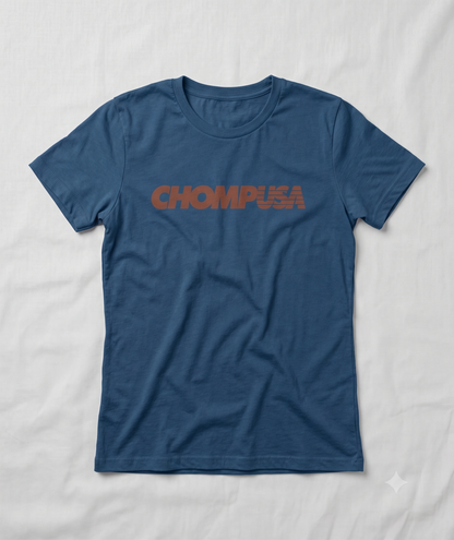 ChompUSA tee in steel blue, flat lay