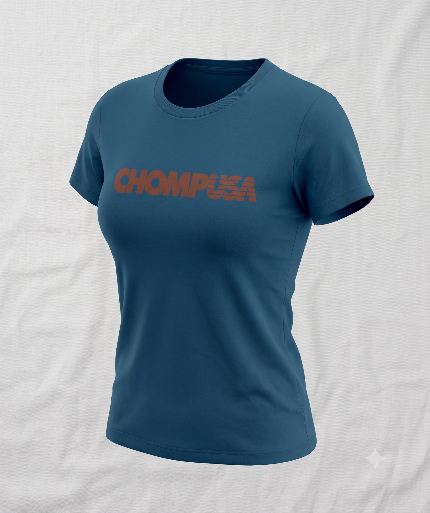 ChompUSA tee in steel blue, ghost mannequin view