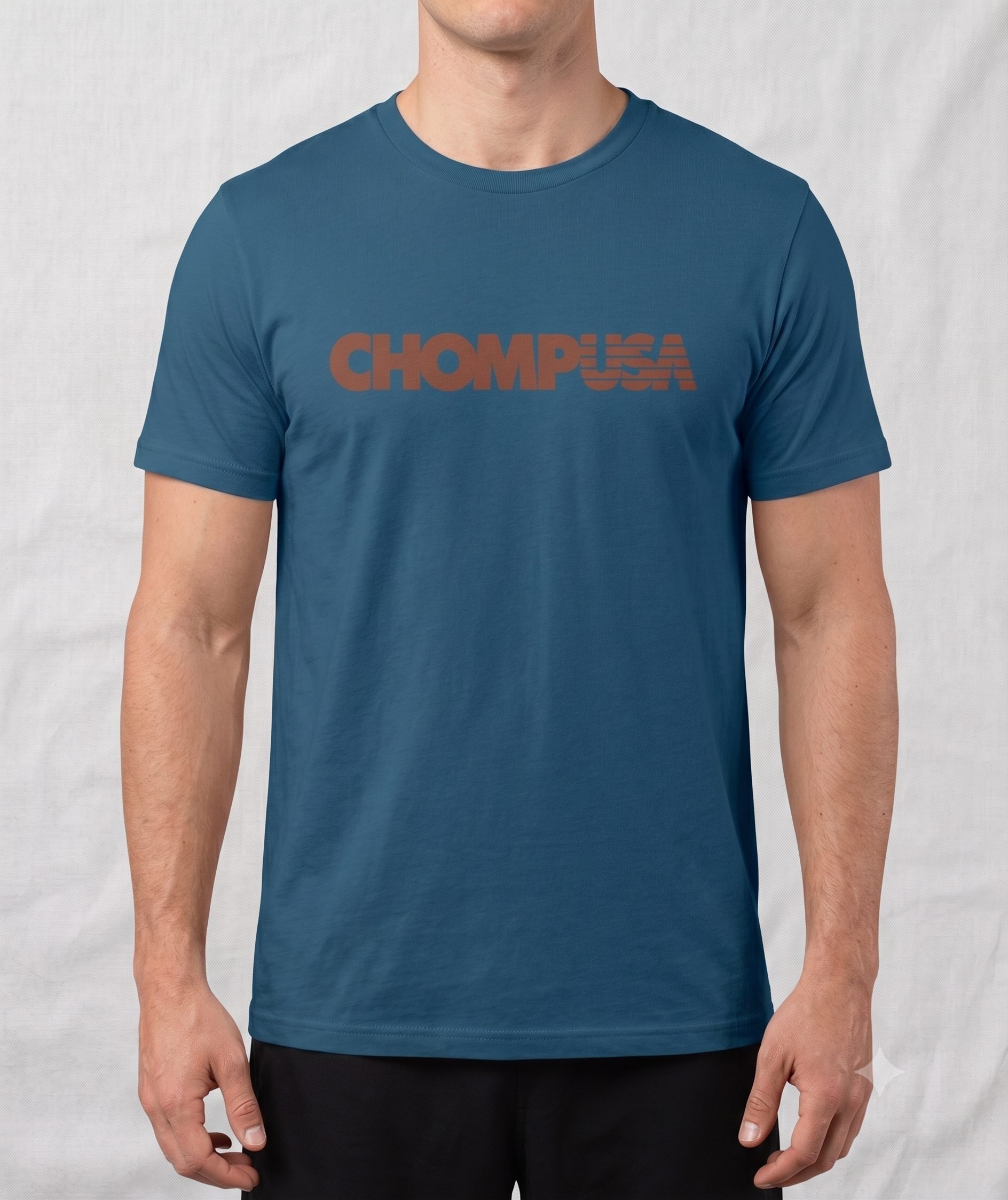 ChompUSA tee in steel blue, front view on male model