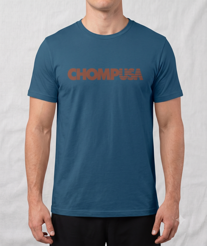 ChompUSA tee in steel blue, front view on male model