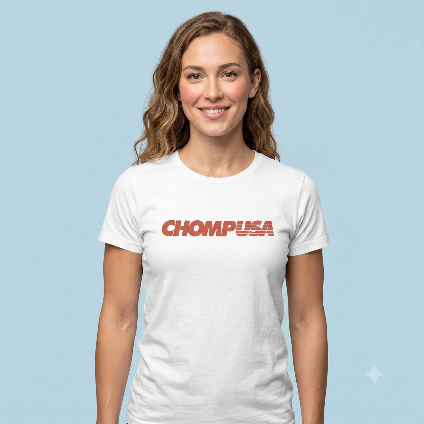 ChompUSA tee in white, front view on female model