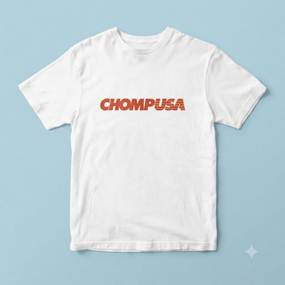 ChompUSA tee in white, flat lay