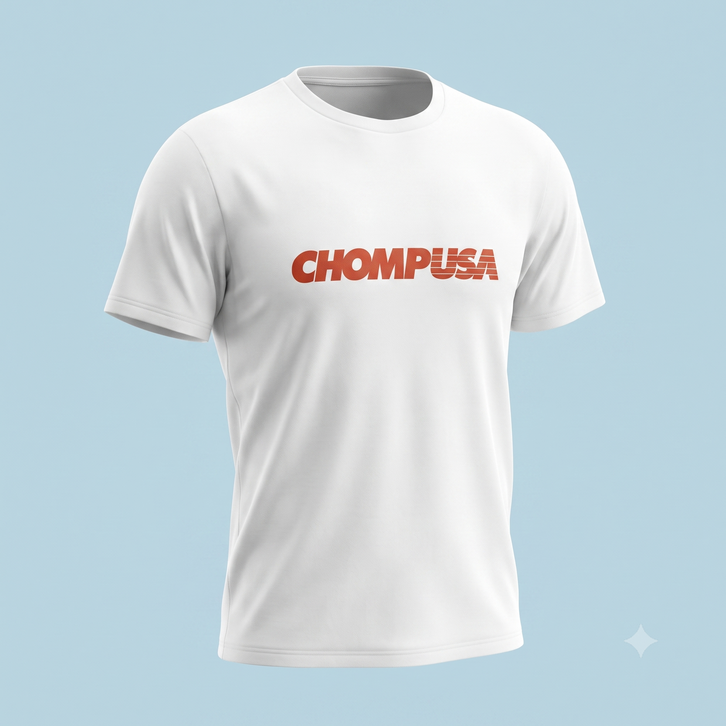 ChompUSA tee in white, ghost mannequin view