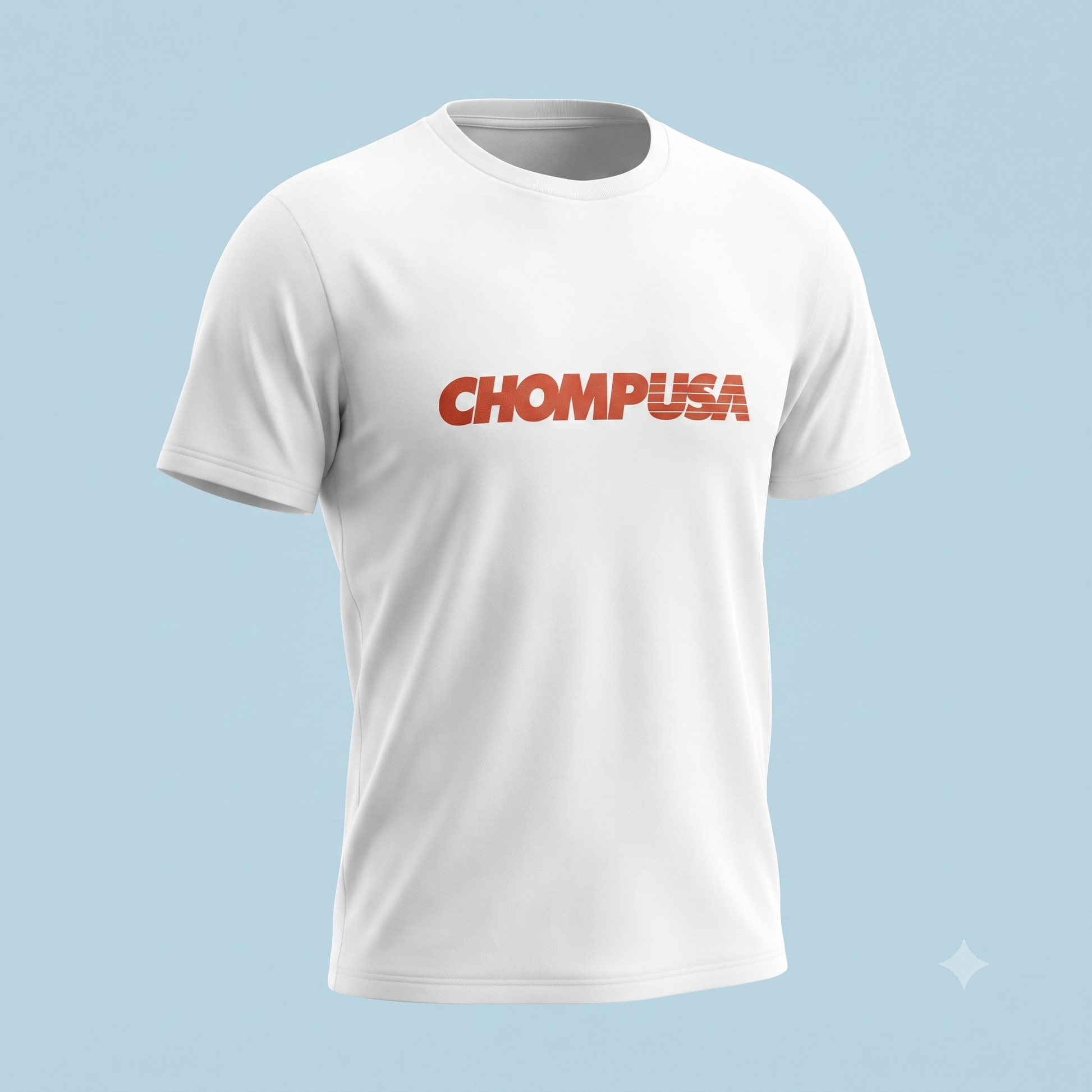 ChompUSA tee in white, ghost mannequin view