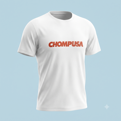 ChompUSA tee in white, ghost mannequin view