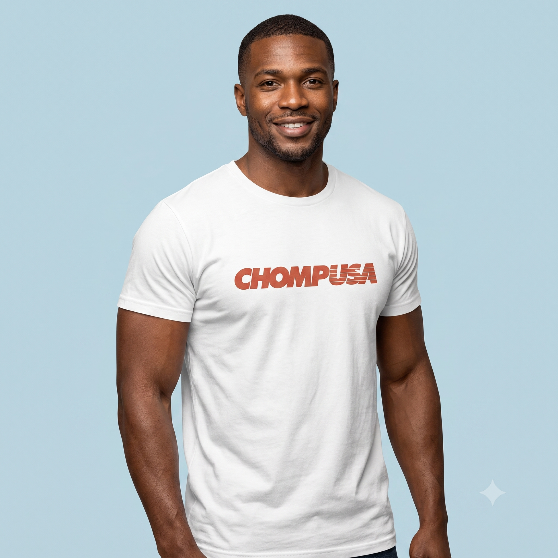 ChompUSA tee in white, front view on male model