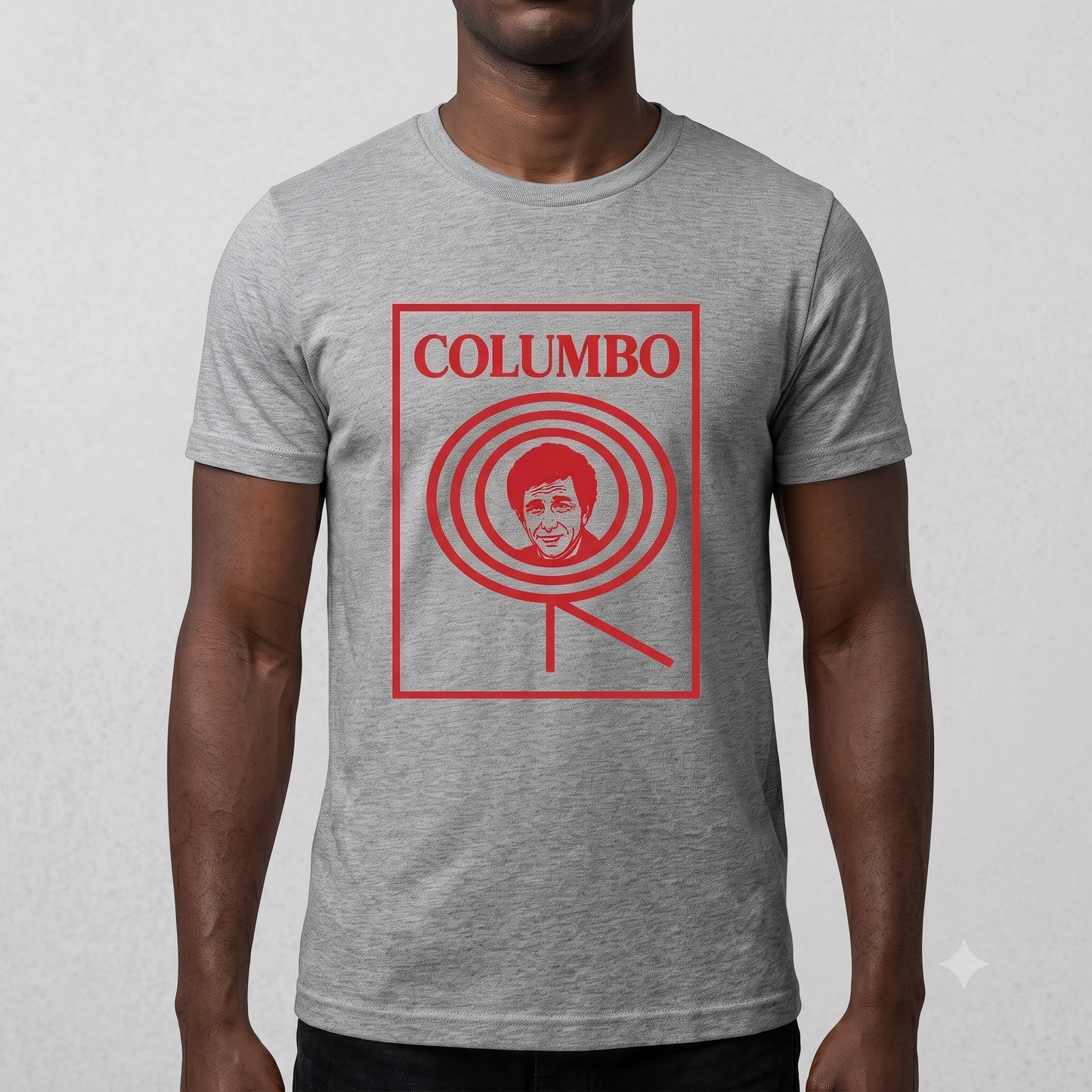 Columbo Tee in grey, front view on male model