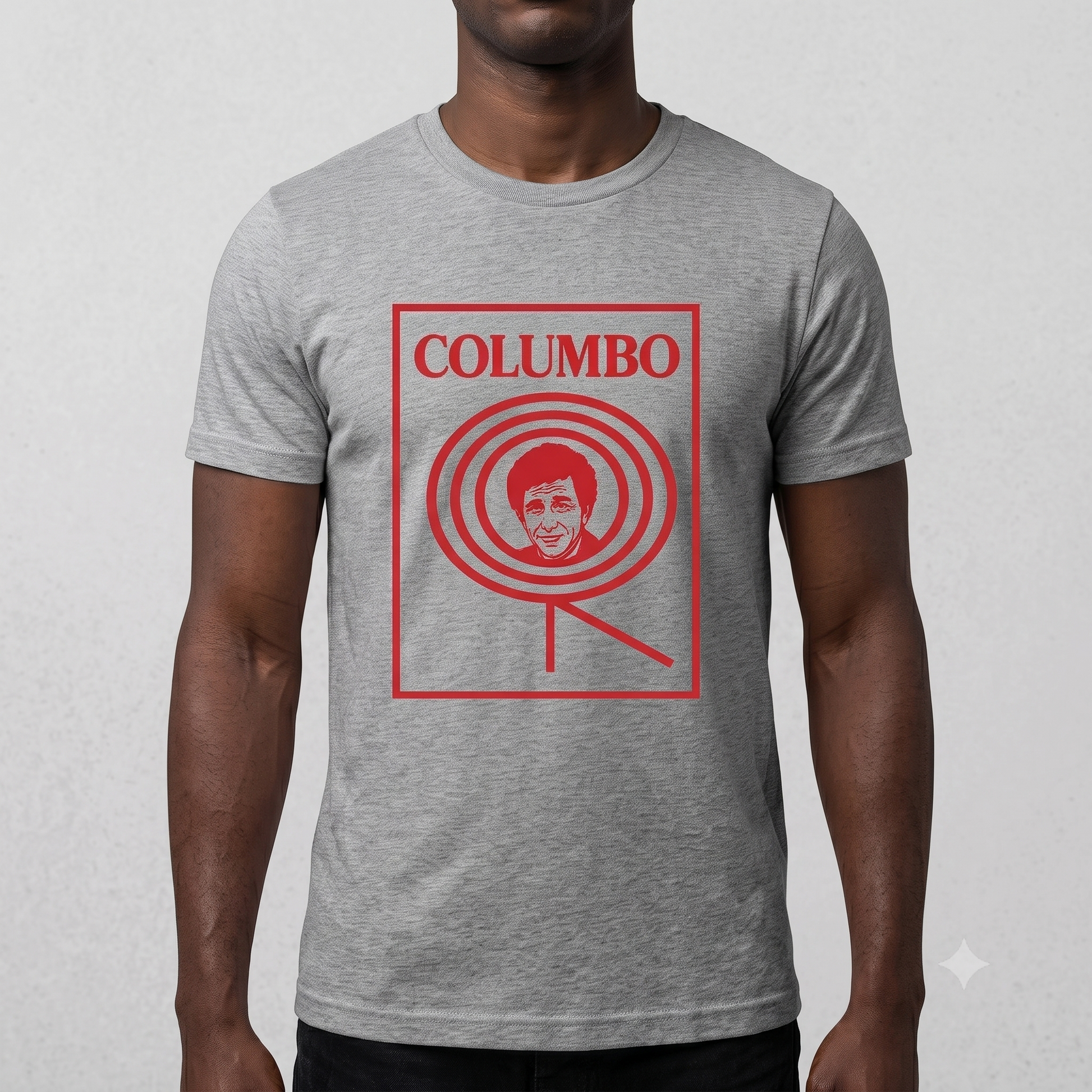 Columbo Tee in grey, front view on male model