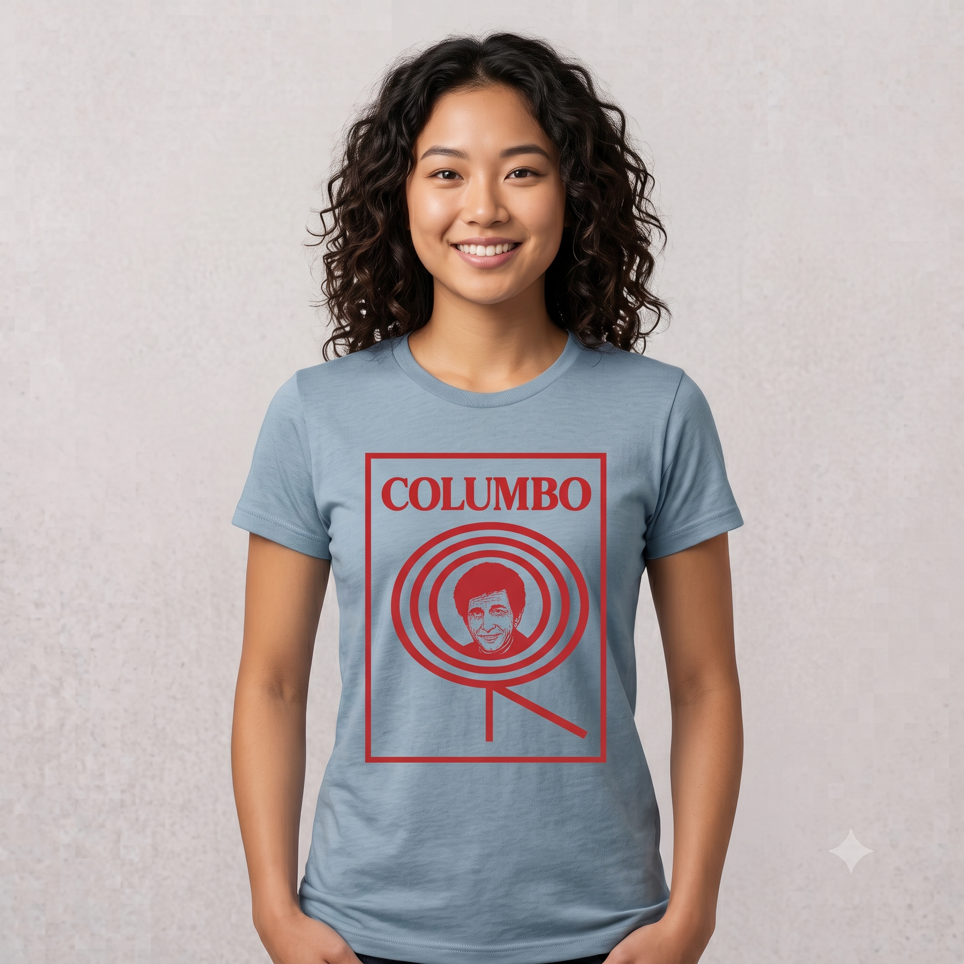 Columbo Tee in steel blue, front view on female model