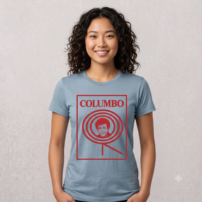 Columbo Tee in steel blue, front view on female model
