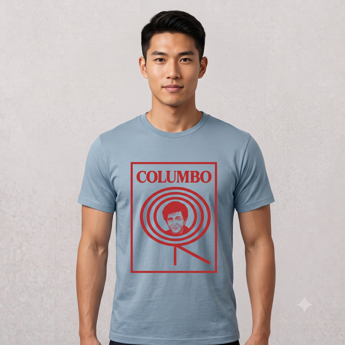 Columbo Tee in steel blue, front view on male model