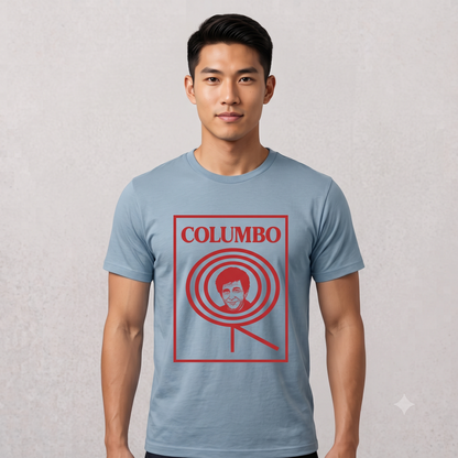 Columbo Tee in steel blue, front view on male model