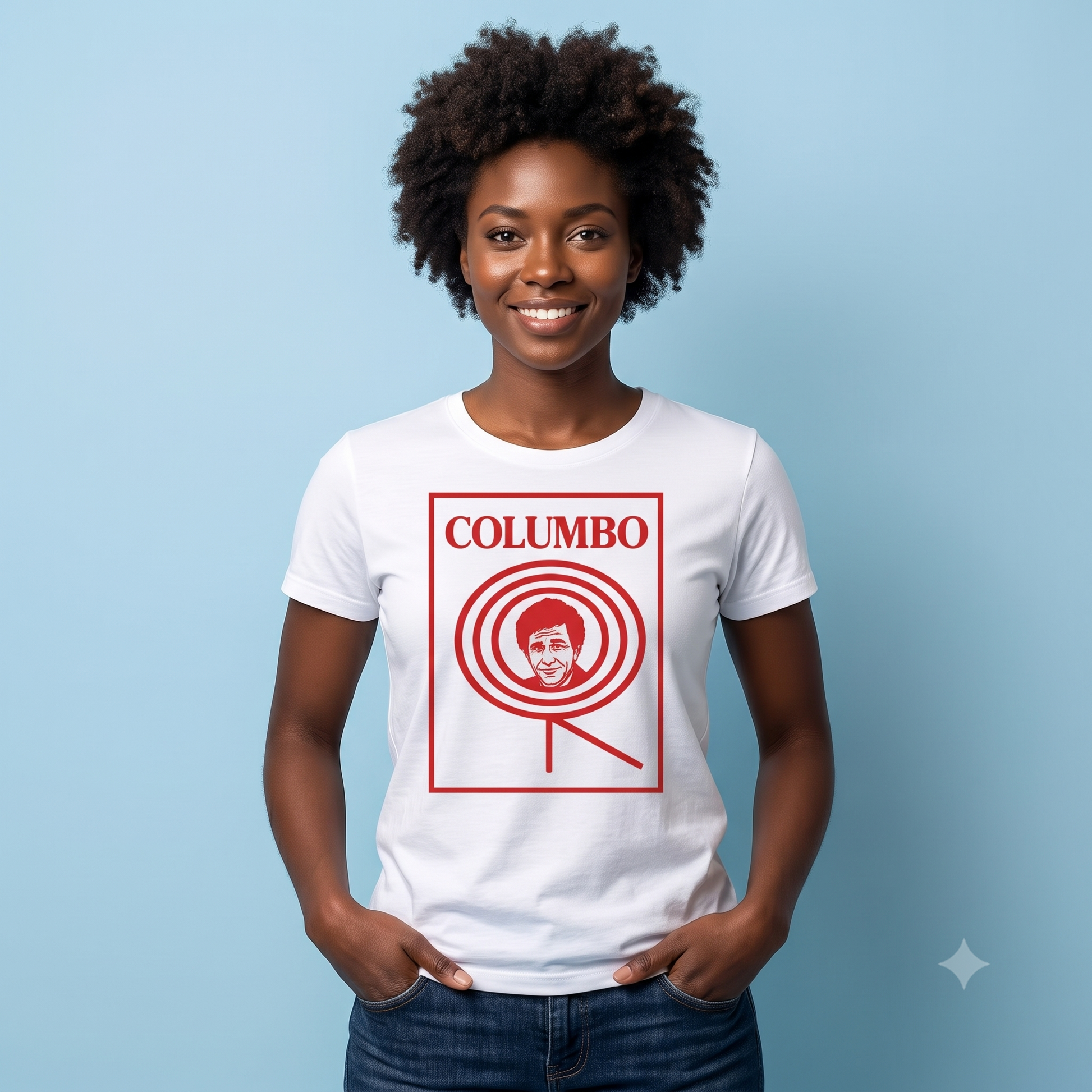 Columbo Tee in white, front view on female model