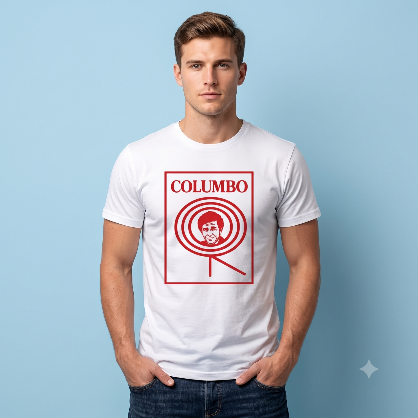 Columbo Tee in white, front view on male model