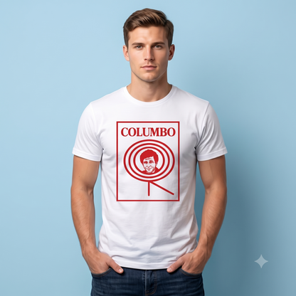 Columbo Tee in white, front view on male model