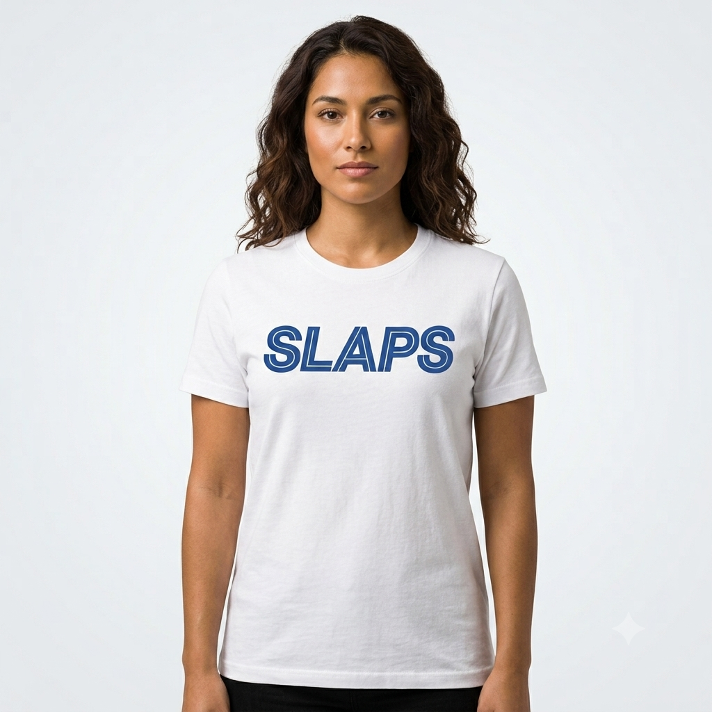 SLAPS Sears Corporate Tee in white, front view on female model