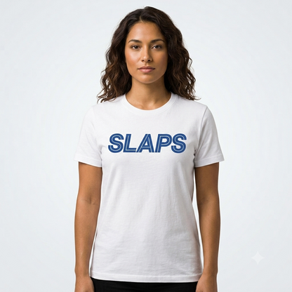 SLAPS Sears Corporate Tee in white, front view on female model