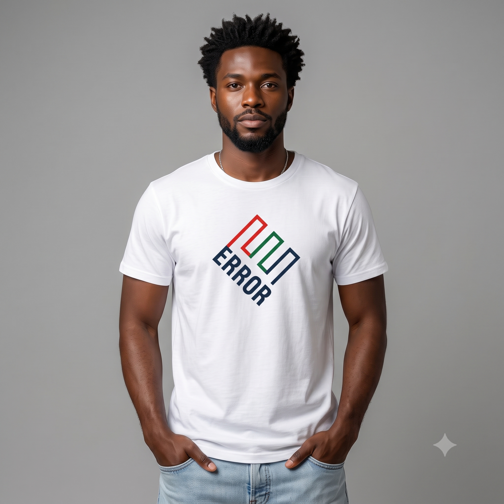 ERROR (Enron) tee in white, front view on male model