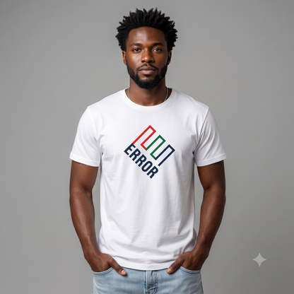 ERROR (Enron) tee in white, front view on male model