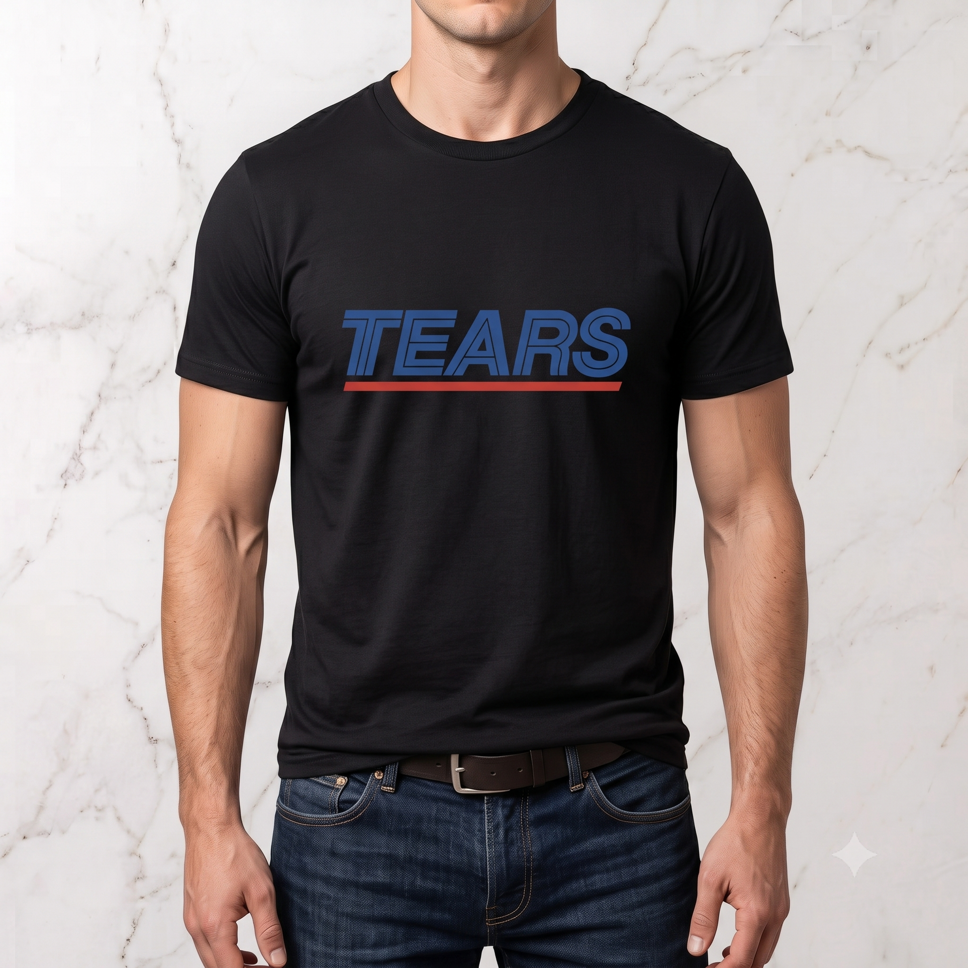 Tears for Sears tee in black, front view on male model
