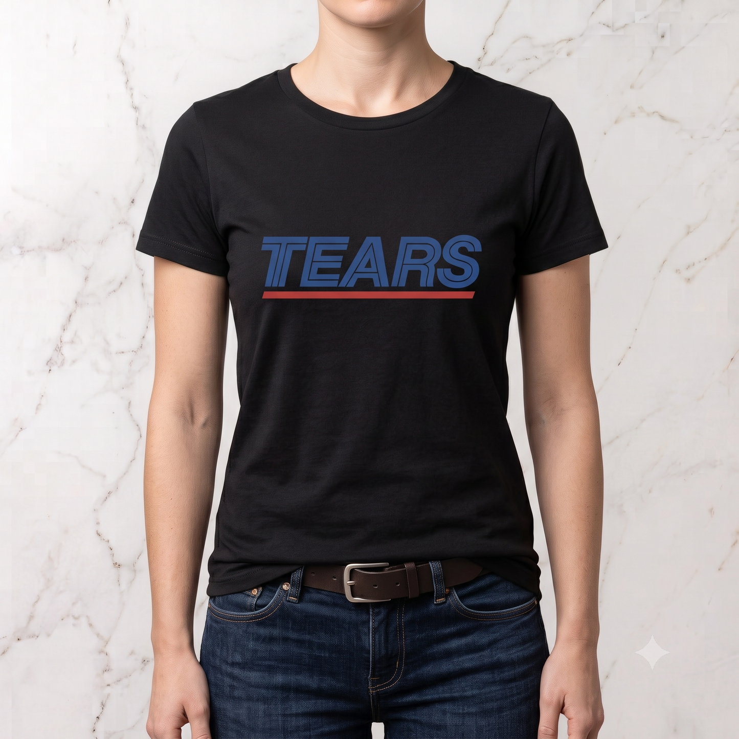 Tears for Sears tee in black, front view on female model