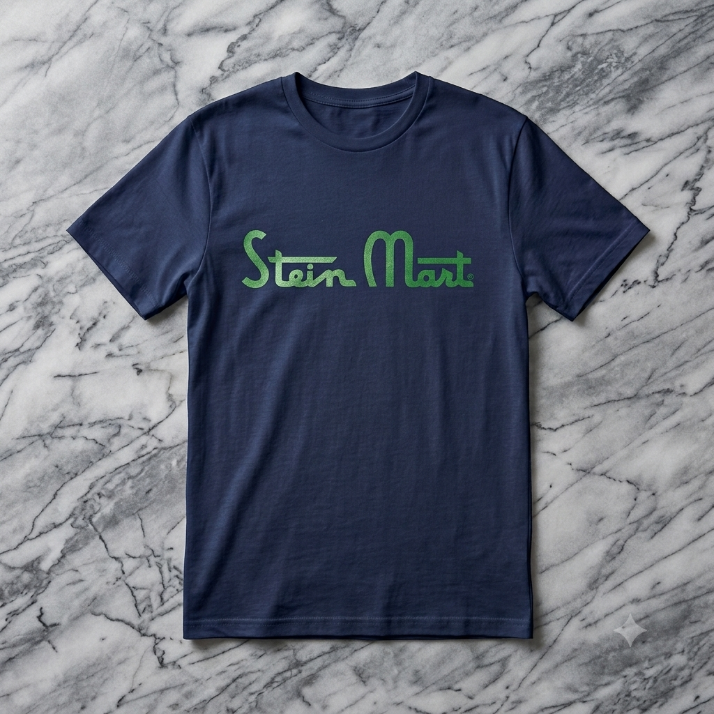 Stein Mart Memorial Tee in navy, flat lay on marble background