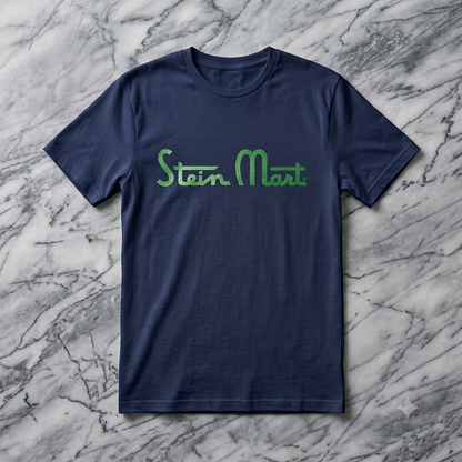 Stein Mart Memorial Tee in navy, flat lay on marble background