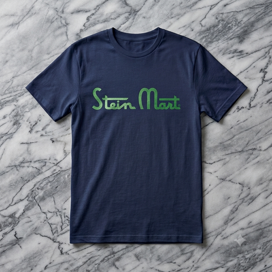 Stein Mart Memorial Tee in navy, flat lay on marble background